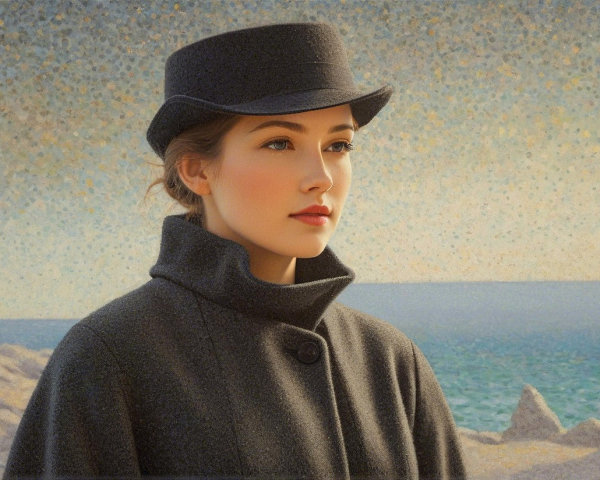 Contemplative Woman by the Ocean with Textured Sky