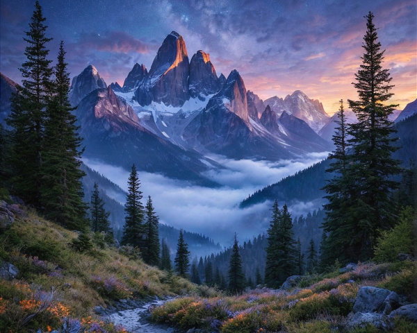 Twilight Mountain Landscape with Wildflowers and Stars