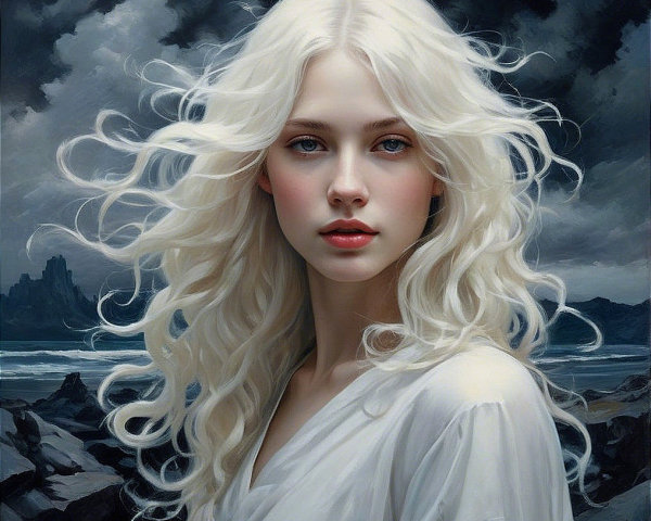 Young woman with white hair in stormy landscape