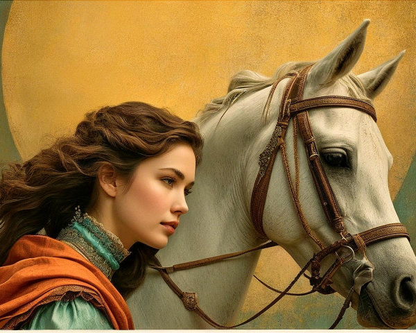 Young woman and white horse under golden glow