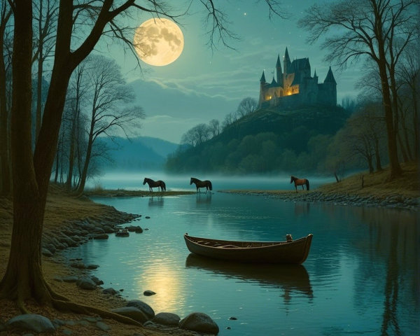 Tranquil River Scene with Moonlit Landscape and Castle