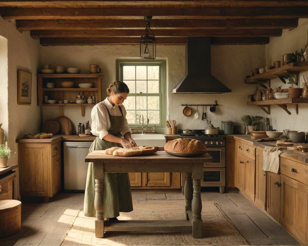 Rustic kitchen with wooden beams and warm ambiance