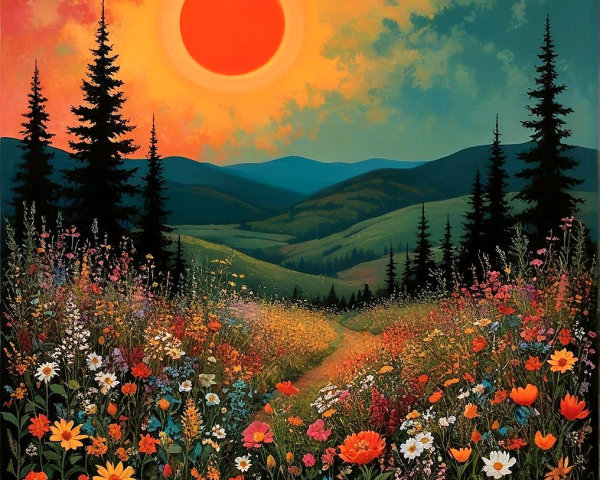 Vibrant Landscape with Wildflowers and Pine Trees
