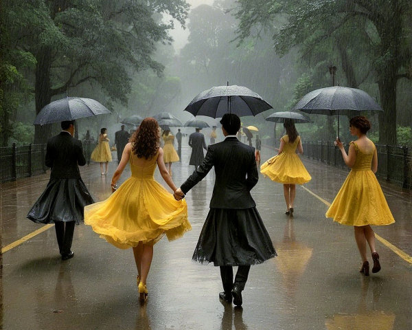 Elegant Couples in Yellow Dresses in Rainy Park