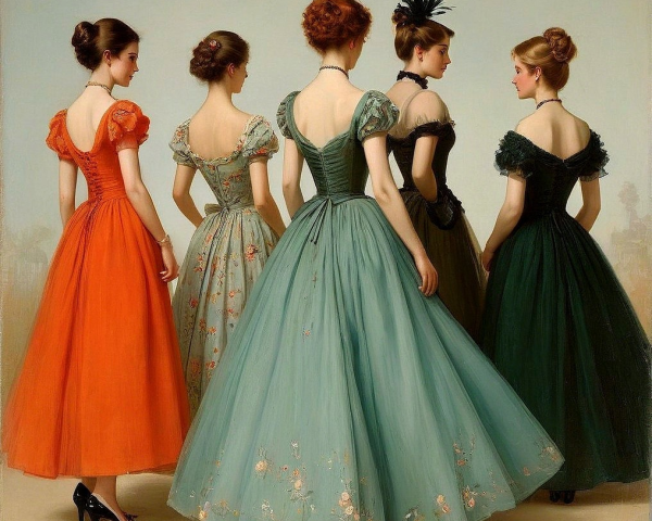 Elegant Women in Colorful Gowns with Floral Details