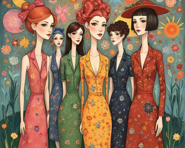 Whimsical Illustration of Women in Floral Landscape