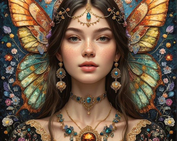 Portrait of a young woman with butterfly wings and jewelry