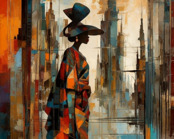 Silhouette of Woman in Abstract Cityscape Design