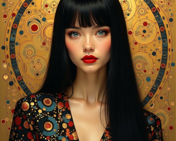 Portrait of a Woman with Black Hair and Blue Eyes
