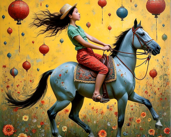 Young girl riding gray horse in vibrant, whimsical setting
