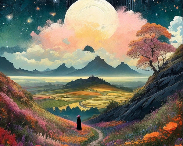 Serene Night Landscape with Moon and Castle Ruins
