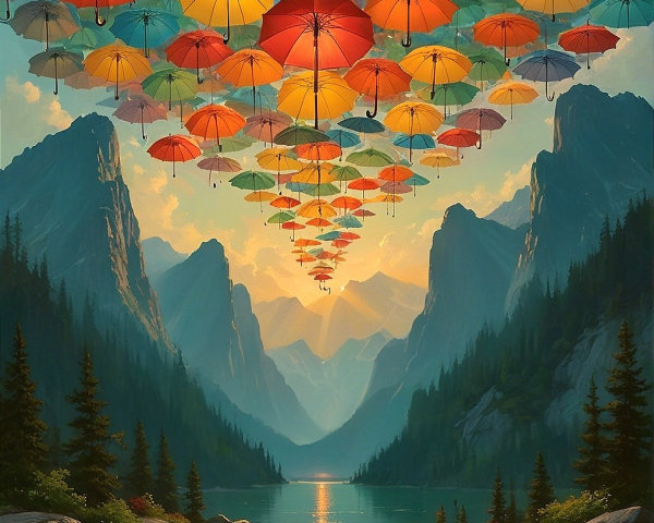 Vibrant Umbrellas Over a Tranquil Lake at Sunset