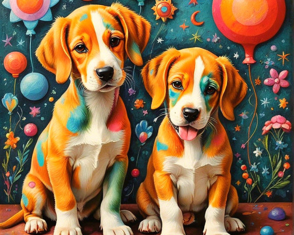 Playful Puppies in Colorful Whimsical Setting
