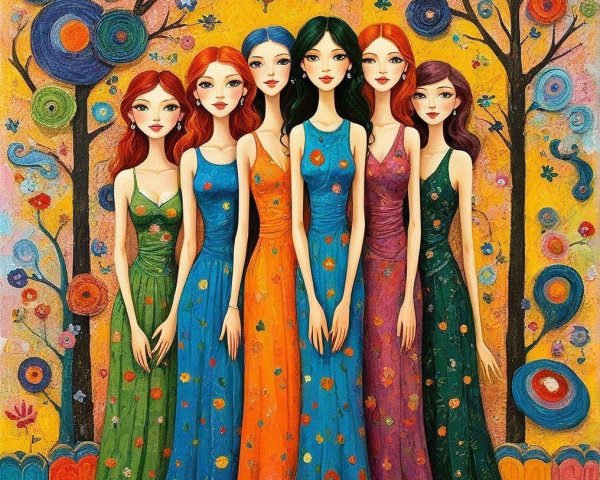 Stylized Women in Floral Dresses Against Abstract Background