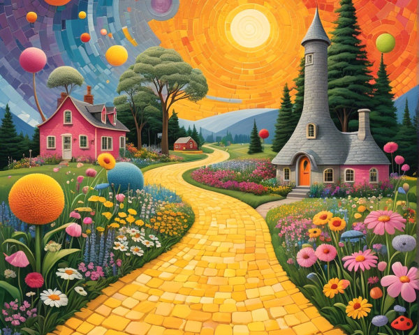 Whimsical Landscape with Yellow Brick Road and Gardens