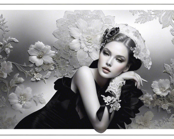 Elegant Portrait of a Woman in Dark Lace Gown