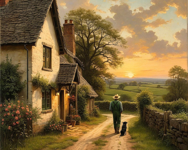 Serene countryside scene with man and dog at sunset
