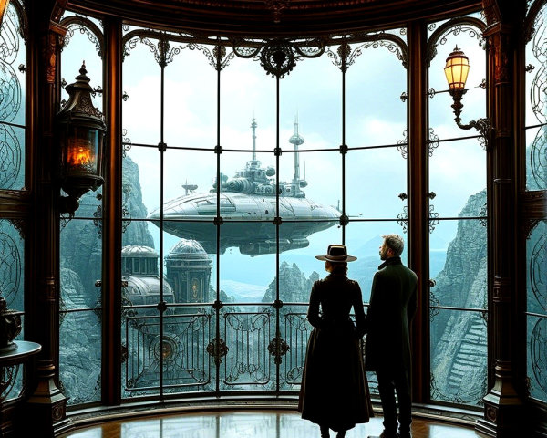 Couple by Grand Window Overlooking Futuristic Airship