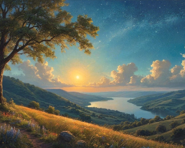 Tranquil River Landscape at Sunset with Wildflowers