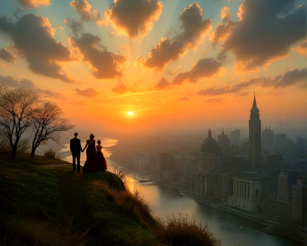 Couple Silhouetted at Sunset Over Scenic Skyline