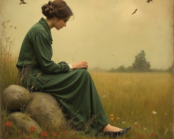 Woman in vintage green dress in serene meadow setting