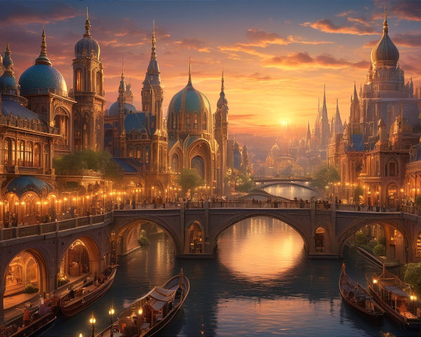Serene Sunset Over Majestic Cityscape and River