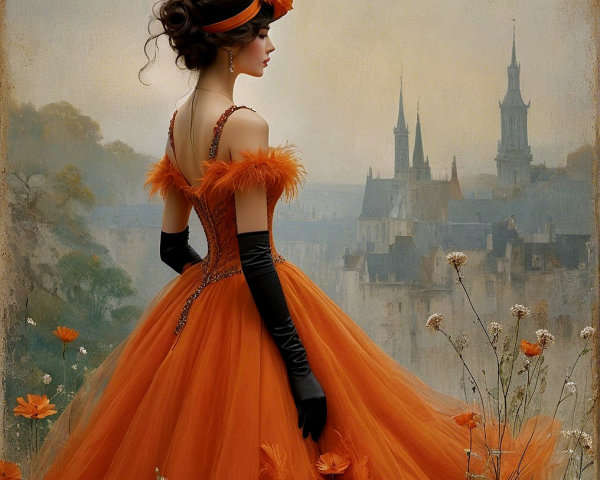 Elegant Woman in Orange Gown with Dreamy Landscape