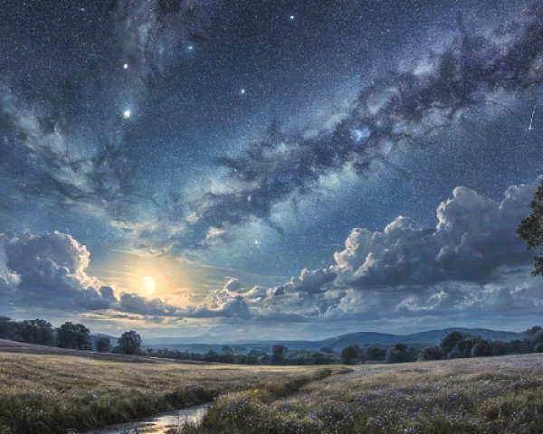 Vast Field Under Starry Sky with Moonlit Stream