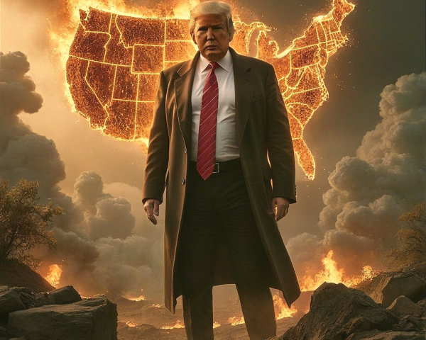 Figure in Formal Attire Against Fiery Landscape