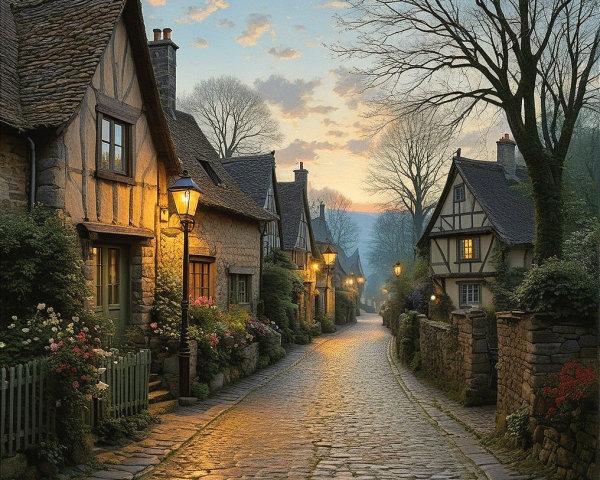 Picturesque Village with Cobblestone Street and Cottages