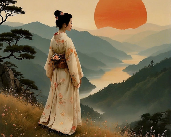 Serene Landscape with Woman in Traditional Kimono