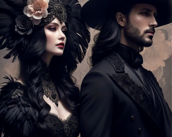 Gothic Couple in Elegant Black Attire with Floral Accents