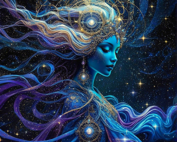 Blue-Skinned Figure in Cosmic Starry Background
