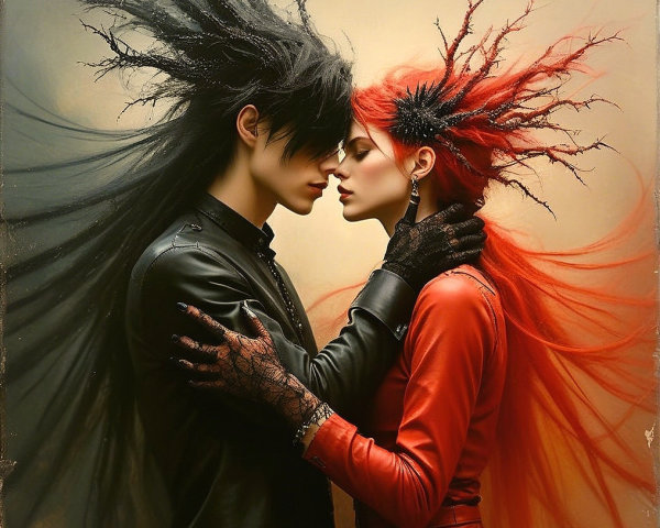Couple in Gothic Attire with Intense Connection