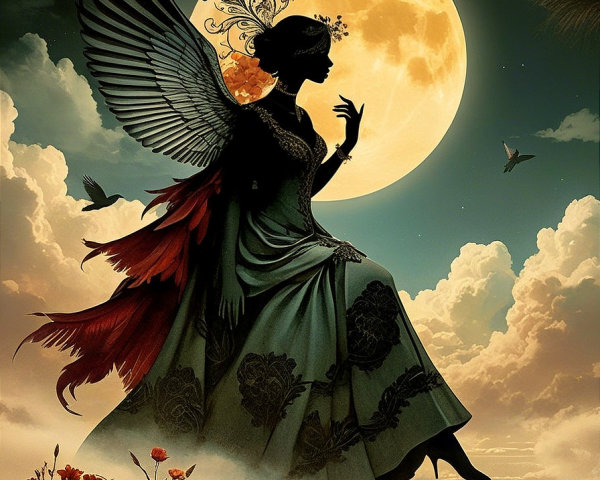 Silhouetted Woman with Wings Against Full Moon