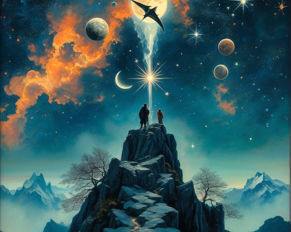 Figures on Mountain Peak Under Radiant Star and Nebulae