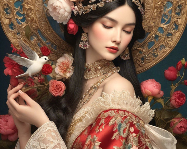 Serene young woman in embroidered red garments with flowers