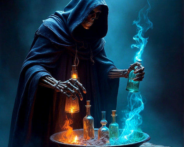 Hooded Figure with Cauldron and Glowing Liquid