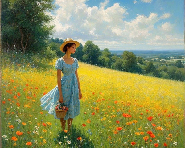 Serene landscape with woman in wildflower field