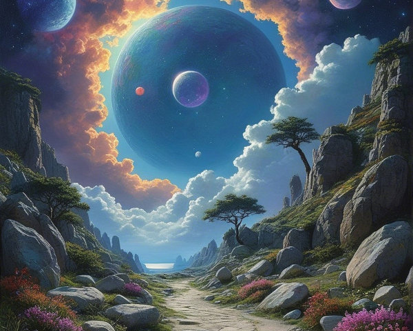 Alien Landscape with Stone Pathway and Planets