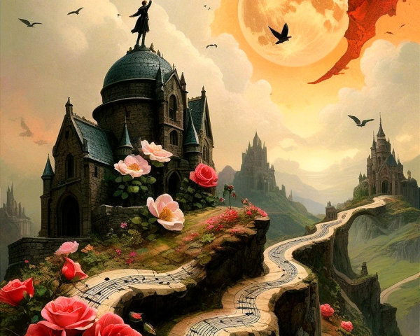 Whimsical Landscape with Castle and Vibrant Roses