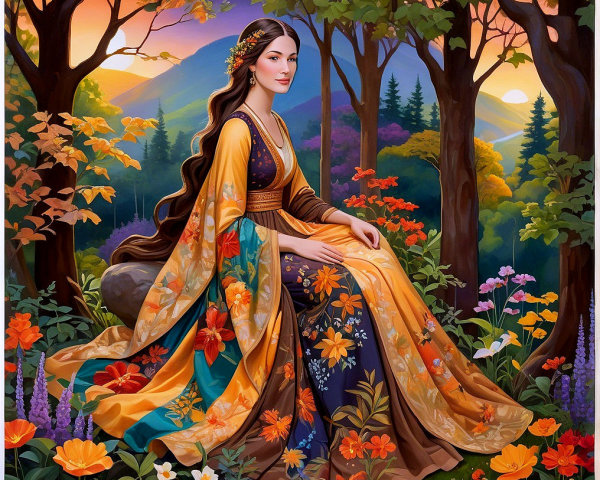 Serene Woman in Colorful Gown in Vibrant Forest