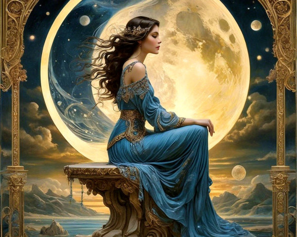 Serene Woman in Blue Gown Under Full Moonlight