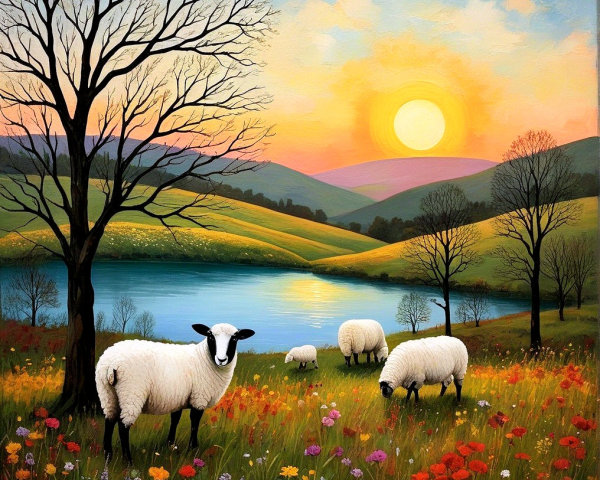 Picturesque Sunset Landscape with Grazing Sheep