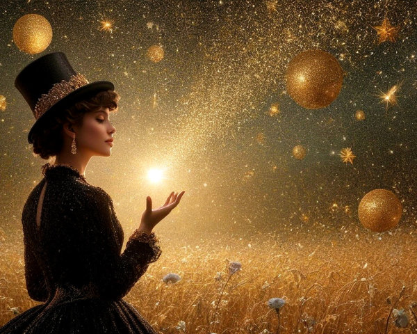 Vintage Gown and Hat in a Golden Field Scene