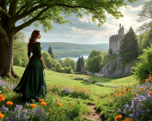 Woman in Green Gown on Hillside with Castle View