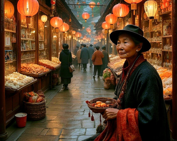 Lantern-Lit Alleyway with Vibrant Traditional Stalls