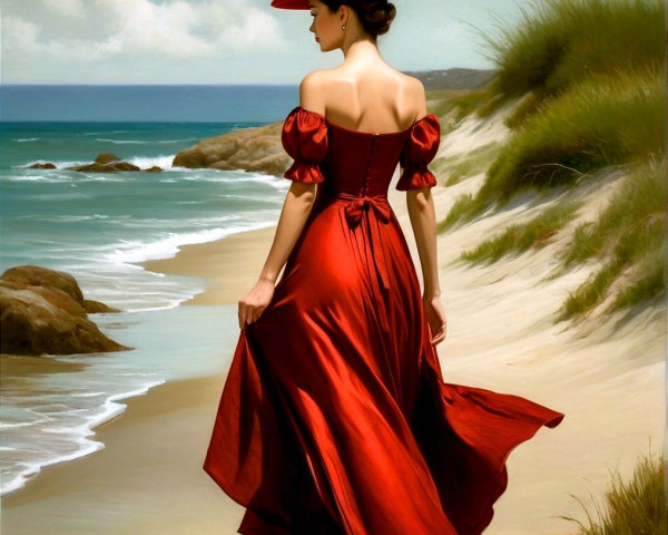 Woman in Red Dress at Sandy Beach Scene