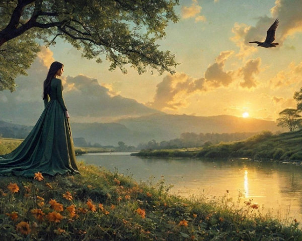 Serene Sunset Landscape with Woman by Tranquil River