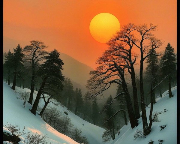 Serene Winter Landscape with Sunset and Snowy Hills